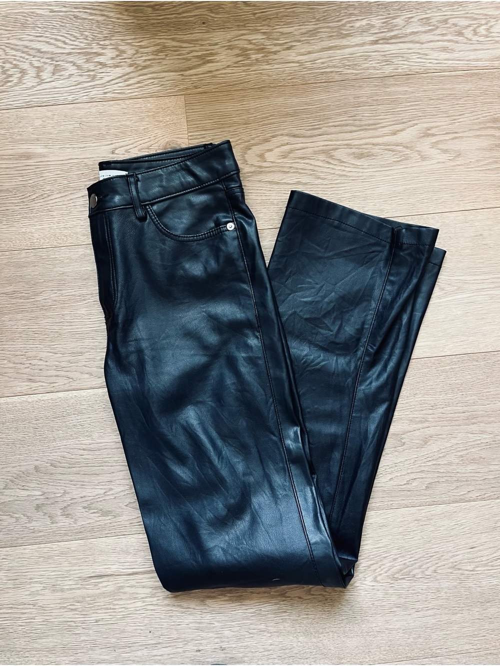 Zara Black Faux Leather Straight-Leg Jeans